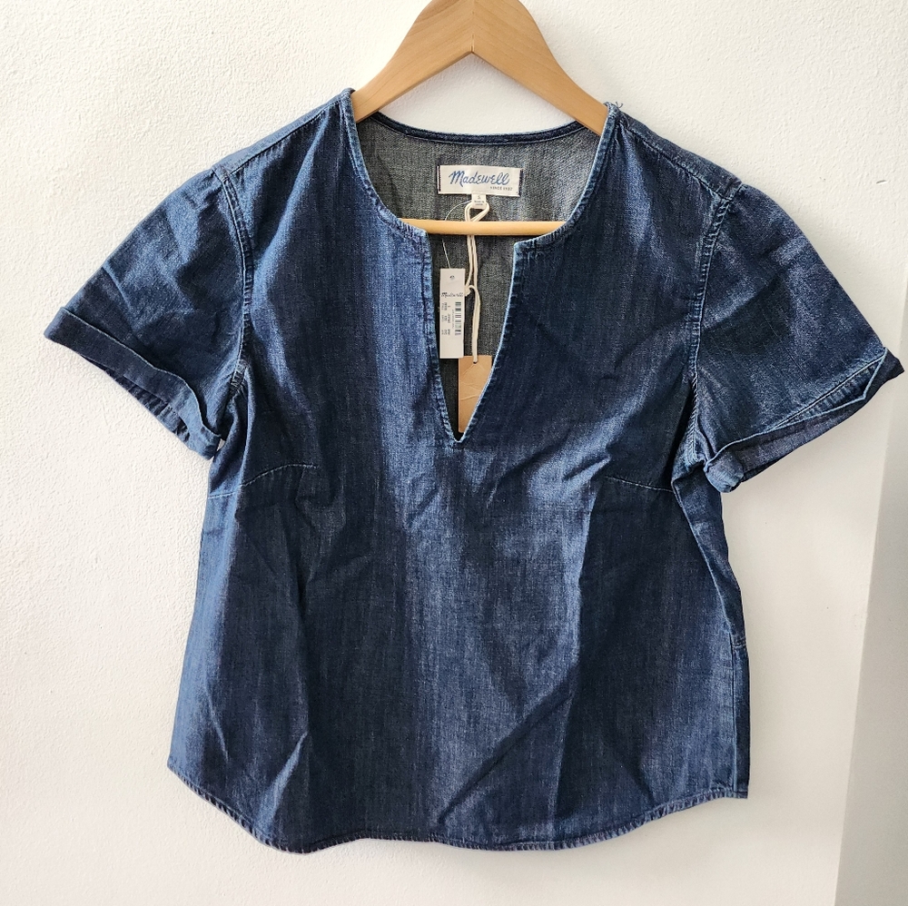 V-Neck Pullover Dark Blue Denim Shirt